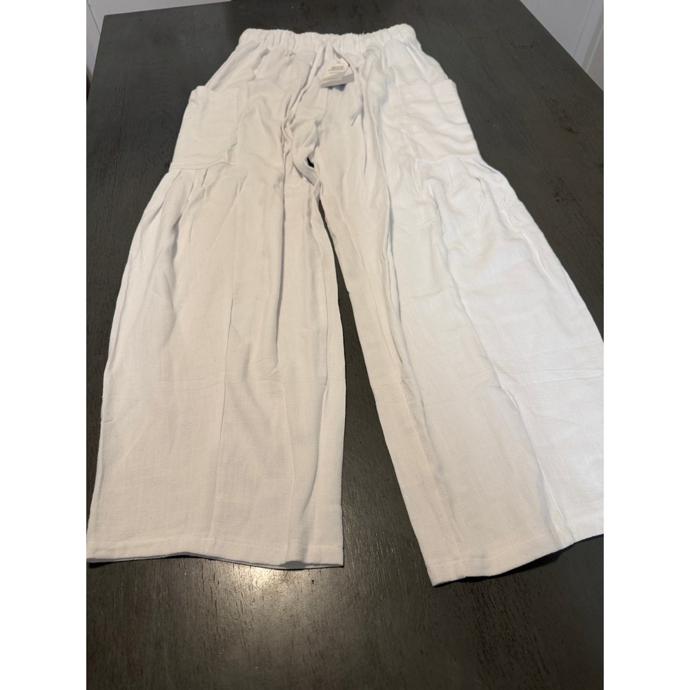 White Cotton Linen Blend Wide Leg Cargo Pants Elastic Waist Medium NWT